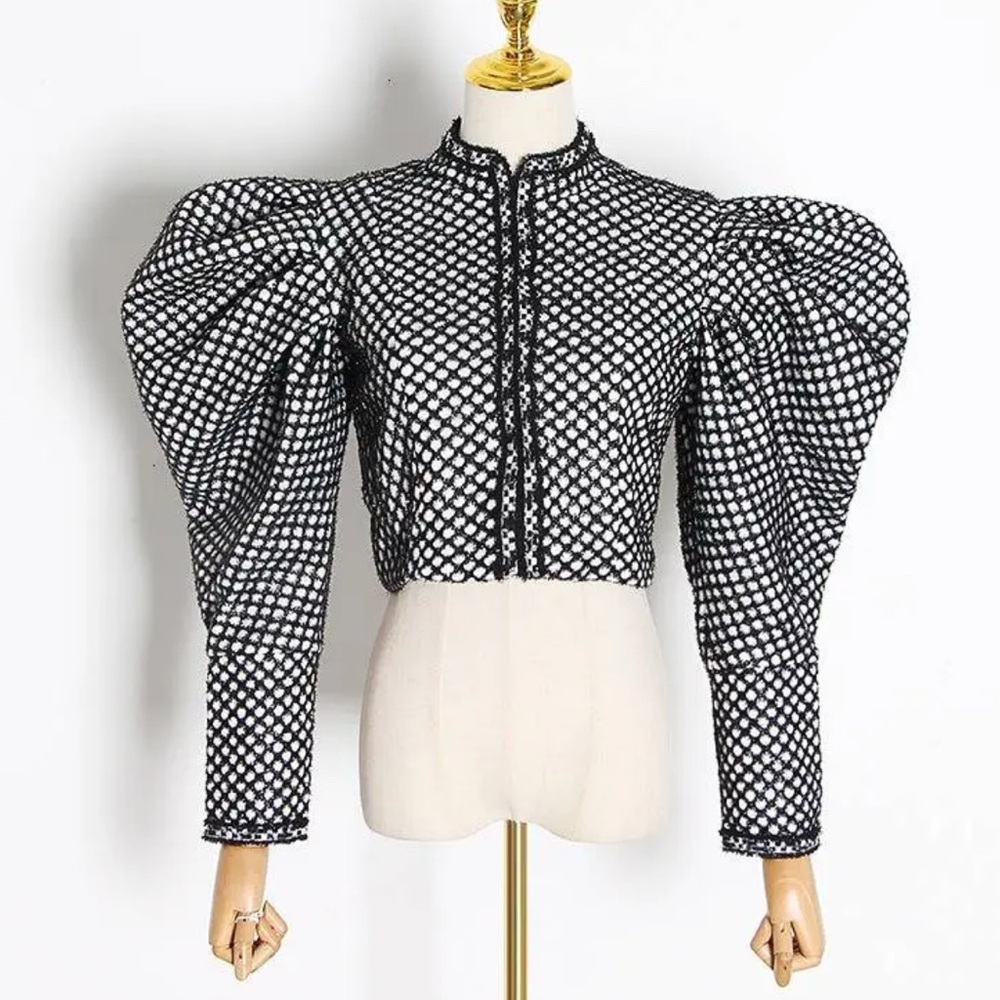 Black and White Puff Sleeve bomber  Jacket - Boutique